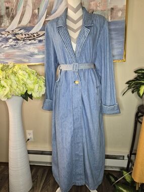 Vintage Pg Collections Light Blue Denim Maxi Trench Dress with Belt